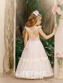 2022 Женские платья с цветочным узором без рукавов, тюлевые кружевные аппликации с открытой спиной, детское бальное платье, праздничное платье принцессы