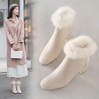 2022 Новые зимние женские ботинки; зимние ботинки до щиколотки; модные лаконичные универсальные черно-белые однотонные ботинки из мягкого плюша на квадратном каблуке.