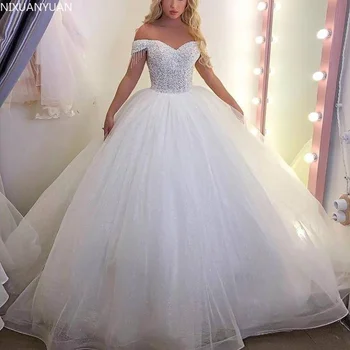 2023 Бальное платье с открытыми плечами, пышная юбка, расшитая бисером, высококачественные свадебные платья для новобрачных