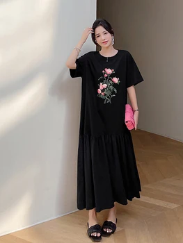 2023 Летнее Корейское Женское платье Vestidos Robe Elbise Свободного кроя, большие размеры, длинные платья с принтом в стиле пэчворк, короткий рукав, длинные платья для женщин