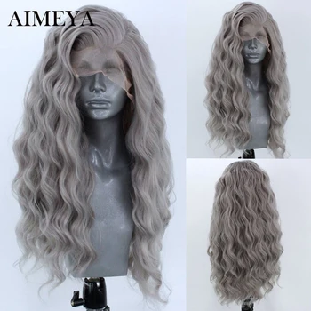 AIMEYA Grey Синтетические парики для чернокожих женщин, длинные натуральные волны, парик на кружеве, свободная часть, парик для косплея, парики из высокотемпературного волокна