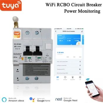 Alexa Совместимый 2P Din-рейка интеллектуальный автоматический выключатель RCBO Защита от утечки Приложение Tuya Беспроводное управление Мониторинг энергопотребления WiFi MCB