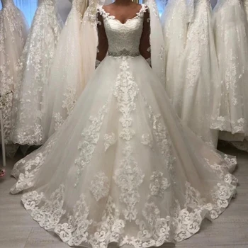 ANGELSBRIDEP Бальное платье из тюля с V-образным вырезом, свадебное платье Robe De Mariee, модное платье невесты с длинными рукавами и аппликацией в виде кристаллов, вечернее платье невесты