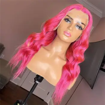 FANXITION Розовые длинные объемные синтетические парики с волнистыми волосами на кружеве, ярко-розовый парик с волнистыми волосами для женщин, средняя часть, парик для косплея из тепловолокнистых волос