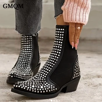 GMQM, женские модные ботильоны с заклепками, дизайн эластичных ботинок 