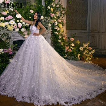 Julia Kui Бальное платье на тонких бретельках, свадебное платье, расшитое бисером, аппликации, кружевная свадебная юбка принцессы без рукавов.