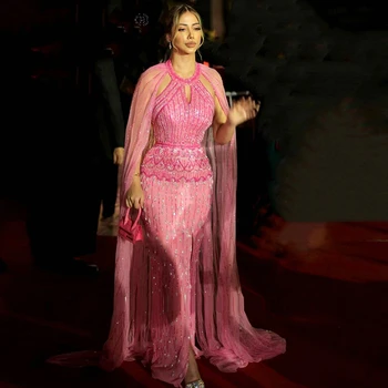 LINDO NOIVA Роскошные розовые вечерние платья Русалки 2023 года С рукавами-накидками, разрезом по бокам, женские вечерние платья для гостей на свадьбу