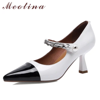 Meotina/ Женская обувь Mary Janes из натуральной кожи на платформе, туфли-лодочки на тонком каблуке, женская обувь на высоком каблуке с острым носком и цепочкой, весенне-белая