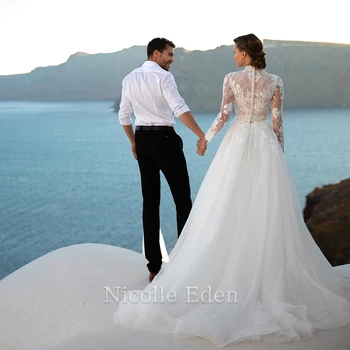 Nicolle Eden, Свадебные платья с длинным рукавом и высоким воротом, Кружевные аппликации, Тюлевое платье Vestido De Casamento, Сшитое на заказ.