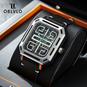 OBLVLO Прозрачные мужские деловые часы Skeleton с ремешком из натуральной кожи, автоматические Механические часы, водонепроницаемые Суперсветящиеся часы