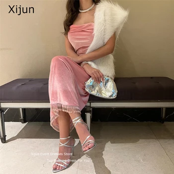 Xijun Розово-фиолетовое бархатное вечернее платье, простые короткие платья для выпускного вечера, вечерние платья для выпускного вечера с кисточками, платья для выпускного вечера для женщин длиной до щиколотки