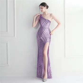 YIDINGZS Сексуальное Фиолетовое платье с разрезом и блестками Для женщин, Длинное вечернее платье с бисером на одно плечо, вечернее платье Макси