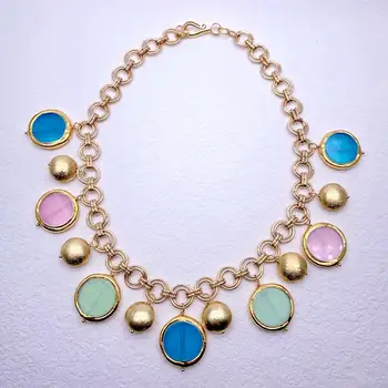 YYGEM Кошачий глаз в форме монеты Ожерелье из матовых бусин Многоцветное ожерелье с драгоценными камнями для вечеринки