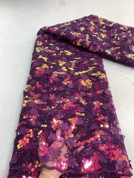Африканское сетчатое кружево, Французская ткань с блестками, 2023, Фиолетовая вышивка, тюлевые кружевные ткани с блестками Для свадебного платья в Нигерии