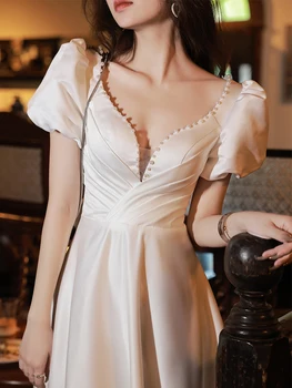 Белое атласное вечернее платье с сексуальным глубоким V-образным вырезом, милое жемчужное платье с рукавами-пузырями, легкое роскошное свадебное платье трапециевидной формы чайной длины