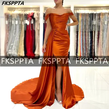 Блестящее Оранжевое платье Русалки с открытыми плечами для выпускного вечера Со складками на шлейфе, Атласные вечерние платья для свадебной вечеринки с разрезом по бокам, большие размеры