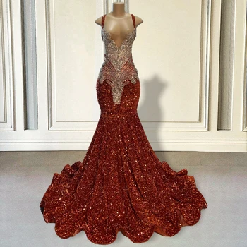 Блестящие кристаллы из бисера, красное длинное платье русалки для выпускного вечера 2023, расшитое блестками, для девочек, женские вечерние платья для выпускного вечера