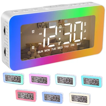 Будильник Двойное зеркало для повтора будильника USB Цифровые часы формата 12/24 с регулируемой громкостью Прикроватные часы с регулируемой яркостью ночного освещения