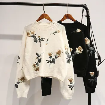 Винтажные женские свитера и пуловеры с круглым вырезом и длинными рукавами, короткая цветочная вышивка, свободная короткая женская элегантная верхняя одежда, пальто, топ