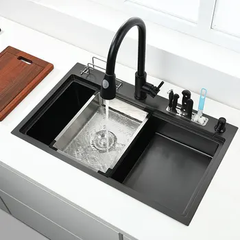 Высокая и низкая раковина, черная кухонная раковина С держателем для ножей, раковина для мытья овощей с разделочной доской, раковина из нержавеющей стали, черная раковина