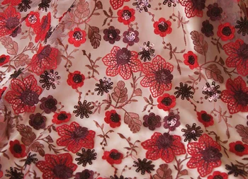 Высококачественная ткань из мягкой сетчатой пряжи красного цвета, тканая трехмерная вышивка, цветы, модное платье в стиле пэчворк