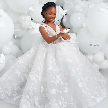 Детские платья с белым жемчугом для девочек в цветочек, кружевные платья принцессы с бабочками, расшитые бисером, свадебные платья с цветочным рисунком, даже платья для вечеринок на День рождения для фотографий