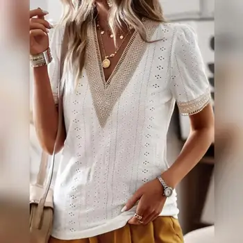 Женская летняя футболка, летняя блузка с глубоким V-образным вырезом, уличная летняя блузка