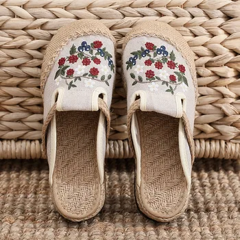 Женская обувь в этническом стиле, Винтажные туфли с вышивкой в цветочек, льняные тапочки ручной работы, женские шлепанцы Mori Shoes