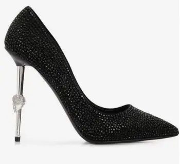 Женские черные туфли-лодочки на высоком металлическом каблуке с острым носком в виде черепа, украшенные стразами, пикантные женские вечерние туфли без застежки