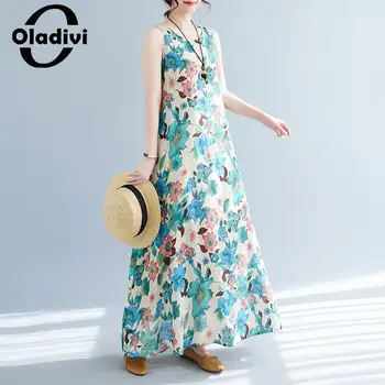 Женское богемное длинное платье с модным принтом Oladivi 2023, Летняя пляжная одежда в стиле бохо, Винтажные женские платья из хлопка и льна большого размера 8610