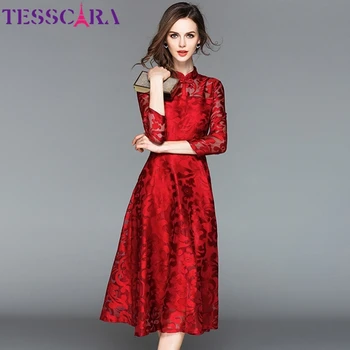Женское весеннее элегантное сетчатое платье TESSCARA, Festa, высококачественное длинное коктейльное платье для вечеринки, женское платье в китайском стиле, дизайнерское кружевное платье