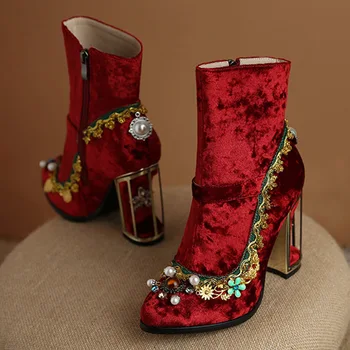 Замшевые хрустальные необычные ботинки на высоком каблуке с застежкой-молнией, женские роскошные ботильоны с круглым носком, женские модельные туфли со стразами, винтажный дизайн, жемчуг