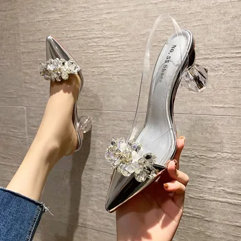 Золотые/серебряные туфли-лодочки из лакированной кожи с украшением в виде кристаллов, женские сандалии, летние женские туфли на высоком каблуке с бриллиантами, 2021 г., ins, острый носок, прозрачные когти