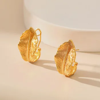 Классическая винтажная ушная пряжка в виде листа, покрытые латунью серьги из настоящего золота 18 Карат для женщин, модные украшения для вечеринок E170