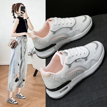 Корейская универсальная Женская белая обувь Студенческие кроссовки Женская спортивная обувь на платформе с дышащей сеткой Легкая Повседневная обувь для ходьбы