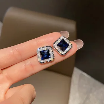 Корейские серьги Модные ювелирные изделия Квадратные серьги с синим кристаллом Простые серьги-гвоздики для женщин Оптом