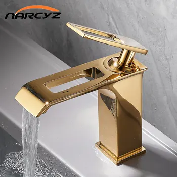 Легкий роскошный Новый золотой смеситель для раковины из латуни для ванной комнаты, умывальник для горячей и холодной воды, шкаф для ванной комнаты, водопадный кран GLY74