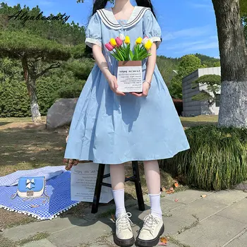 Летнее Женское синее мини-платье в японском стиле с матросским воротником, свободное однотонное платье для девочек с коротким рукавом, милое мешковатое платье Kawaii