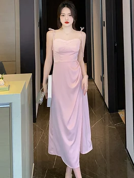 Летнее Розовое Сексуальное платье-слинг с открытыми плечами 2023, Корейское Черное платье Vintag Hepburn, Женское Модное Элегантное Облегающее Роскошное платье Миди