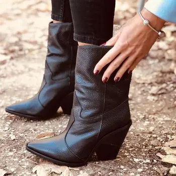 Модные женские ботинки из натуральной кожи с острым носком и сужающимся каблуком ковбойские сапоги наездника с коротким бочком ковбойские сапоги наездника