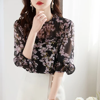 Модные женские рубашки с принтом Новые элегантные женские шифоновые блузки 2023 Весна Осень Рубашки Топы Blusas Mujer