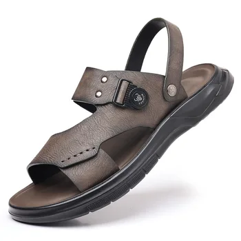 Мужские сандалии из мягкой кожи, Новинка 2023 года, дизайнерская летняя Пляжная обувь, мужские модные повседневные тапочки двойного назначения, мужские