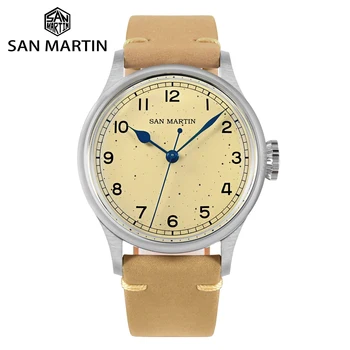 Мужские часы San Martin 38,5 мм Vintage Pilot NH35 Автоматические механические Простой светло-желтый циферблат в стиле милитари, водонепроницаемость 10 бар
