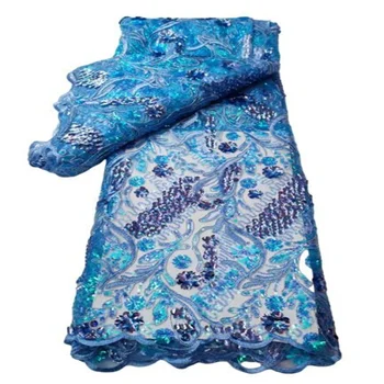 Небесно-голубые Нигерийские Африканские кружевные ткани с крупными пайетками 2023, Высококачественный Кружевной Материал, Французский Тюль, Кружевная ткань для пошива платьев