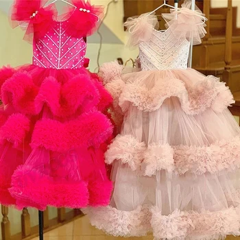 Необычные бусы, платья для маленьких цветочниц, оборки, детский жемчуг, Костюмы на день рождения, Свадебное модельное платье на заказ
