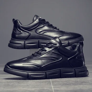 Новая мужская повседневная обувь из натуральной кожи, молодежная весенне-осенняя обувь для скейтборда на плоской подошве в спортивном стиле, крутые черные кроссовки