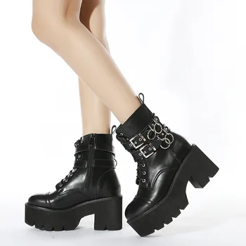Новые женские кожаные осенние ботинки на блочном каблуке, готические черные туфли на платформе в стиле панк, женская обувь, Высококачественные женские ботинки