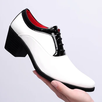 Новый Жених Белый С черными туфлями из глянцевой кожи, увеличивающими рост на 4,5 см, Оксфорды для мужчин, Свадебное платье, обувь для выпускного вечера