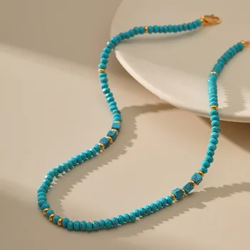 Ожерелье из бирюзовых бусин в стиле бохо, Женское Геометрическое Колье из натурального камня бирюзового цвета, Золотые Аксессуары из бисера