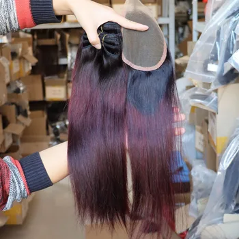 Оптовые Натуральные Бразильские пучки человеческих волос с кружевной застежкой 1B 99J Омбре Темно-рыжего плетения для черных женщин